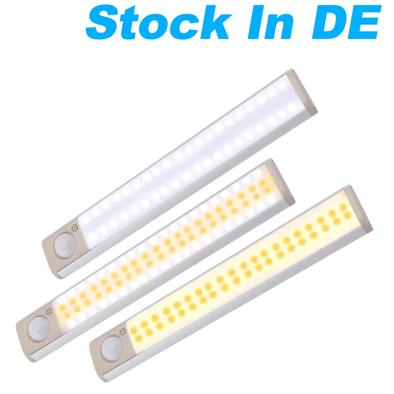 De lager LED-skåplampor USB Lithium Batteri Uppladdningsbar trådlös lampa Kroppsavkänning Ljusstång Magnet Strip Wall Lighting Garderob Lampor