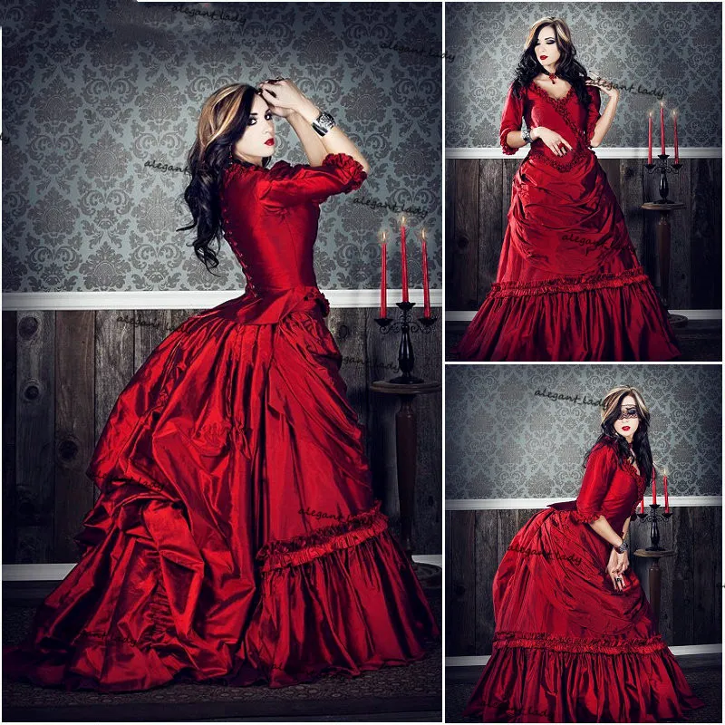 Victorian Gothic Bustle Prom Formalne Suknie Red Vampire Mina Harker Dywiasty War Southern Długi Rękaw Suknia Plus Size