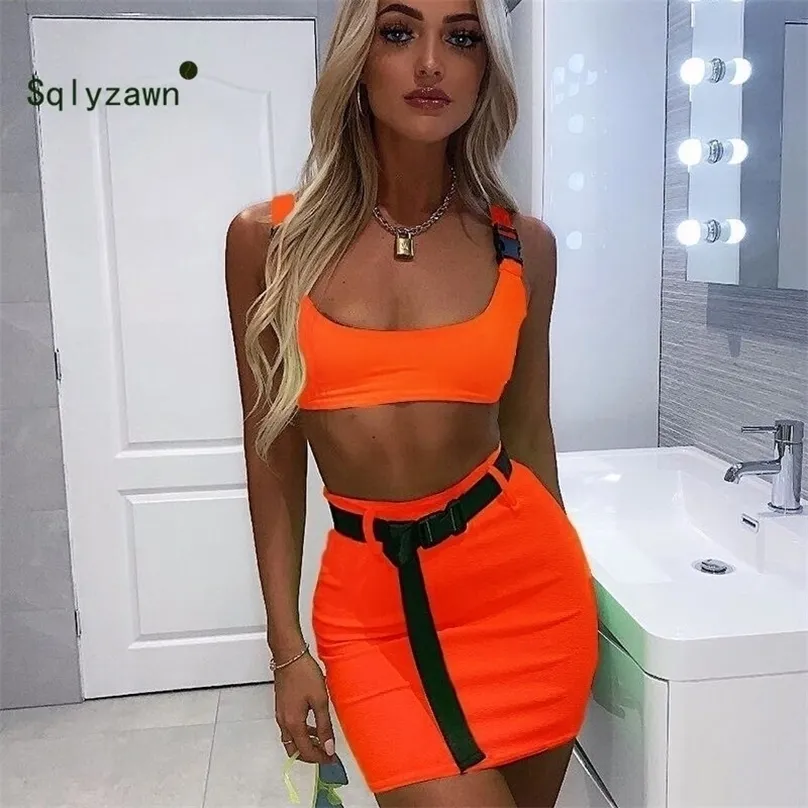 Women Summer Neon Green Two Piece Set Sexy Crop Top and Skirt Matching Sets Ladies Club Outfits Festival Clothing 220302