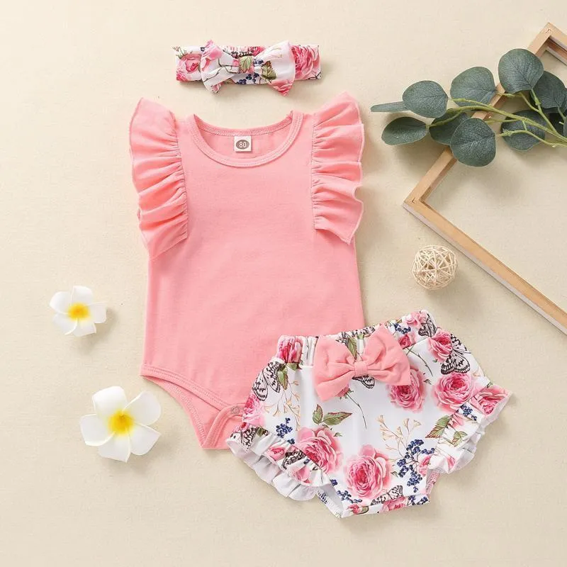 Kläder Sats Born Baby Girls Sommar Solid Ruffled Romper + Floral Bow Shorts Outfits Set Kläder Conjuntos Parabe Bebé