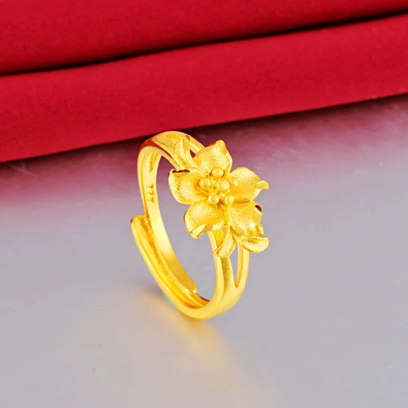 Kadın Çiçek 24 K Altın Kaplama Bant Yüzükler NJGR055 Moda Düğün Hediyesi Kadınlar Sarı Altın Plaka Takı Yüzük