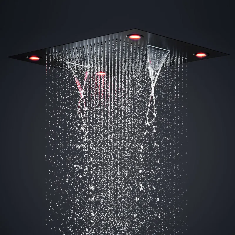 soffione doccia nero hotel di lusso grande cascata a pioggia 3 funzioni soffione elettrico luce a led 600 x 800 mm acciaio inossidabile 304