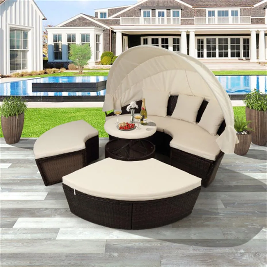 US stock Patio Furniture Round Outdoor Sectional Sofa Set Rattan Daybed Sunbed with Retractable Canopy Separate Seating and Remova242d