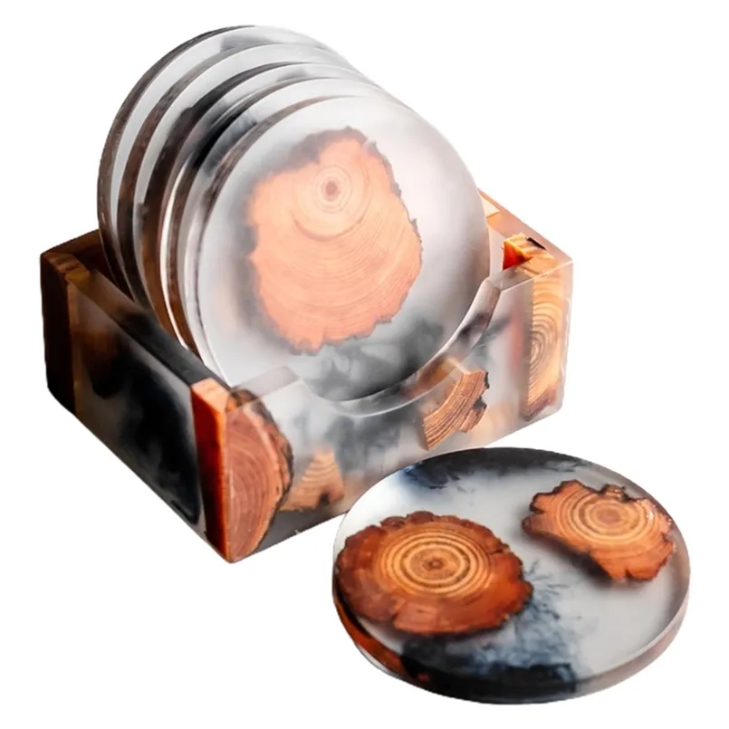 Pine Wood Resin Coasters met Houder Hittebestendig Waterdicht en Antislip Placemats Koffie Thee Cup Pad 210817