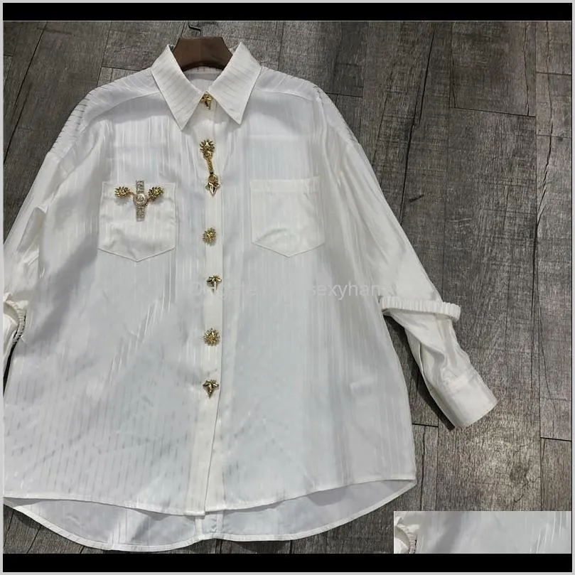 2021 new gold button decoration loose long sleeve stripes acetic acid white shirt women`s fashion blouse