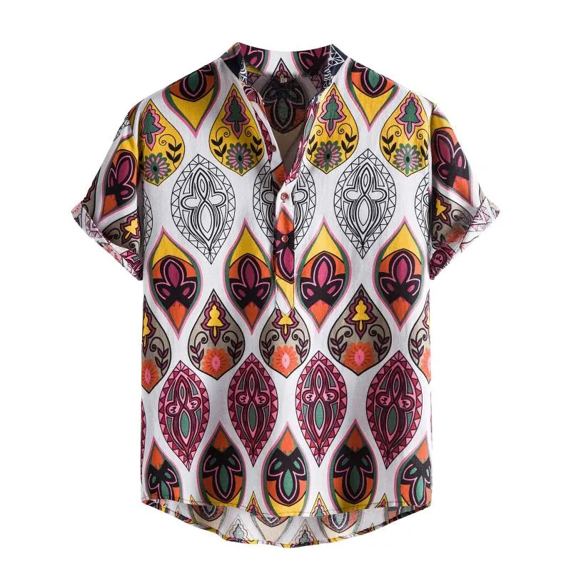 Mäns Casual Shirts 2021 Vintage Kläder Män Hawaiian Skriv ut Kortärmad Skjorta Mode Etniska Sommar Toppar Blus