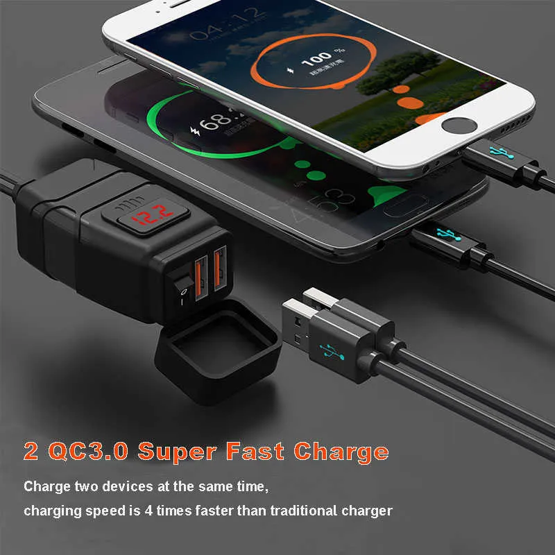 Chargeur de guidon de moto double étanche, Port USB 12V, charge rapide 3 0 avec voltmètre, tablette de téléphone intelligent GPS290q