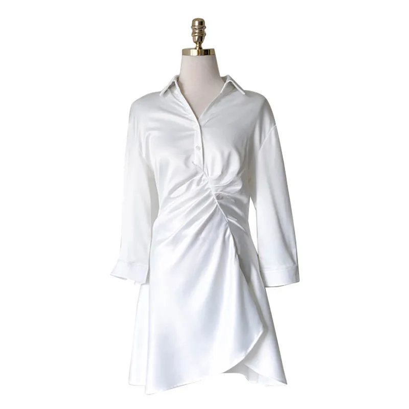 Поверните воротник с длинным рукавом мини-платья летние женщины белый твердой атласной рубашке D1990 210514