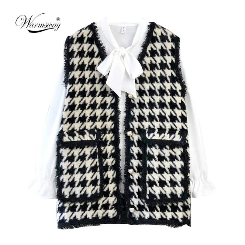 High Quality Houndstooth Faux Mink Fur Women Spring Autumn Single-Breasted Waistcoat Knitted Vest Sleeveless Jacket C-258 211123