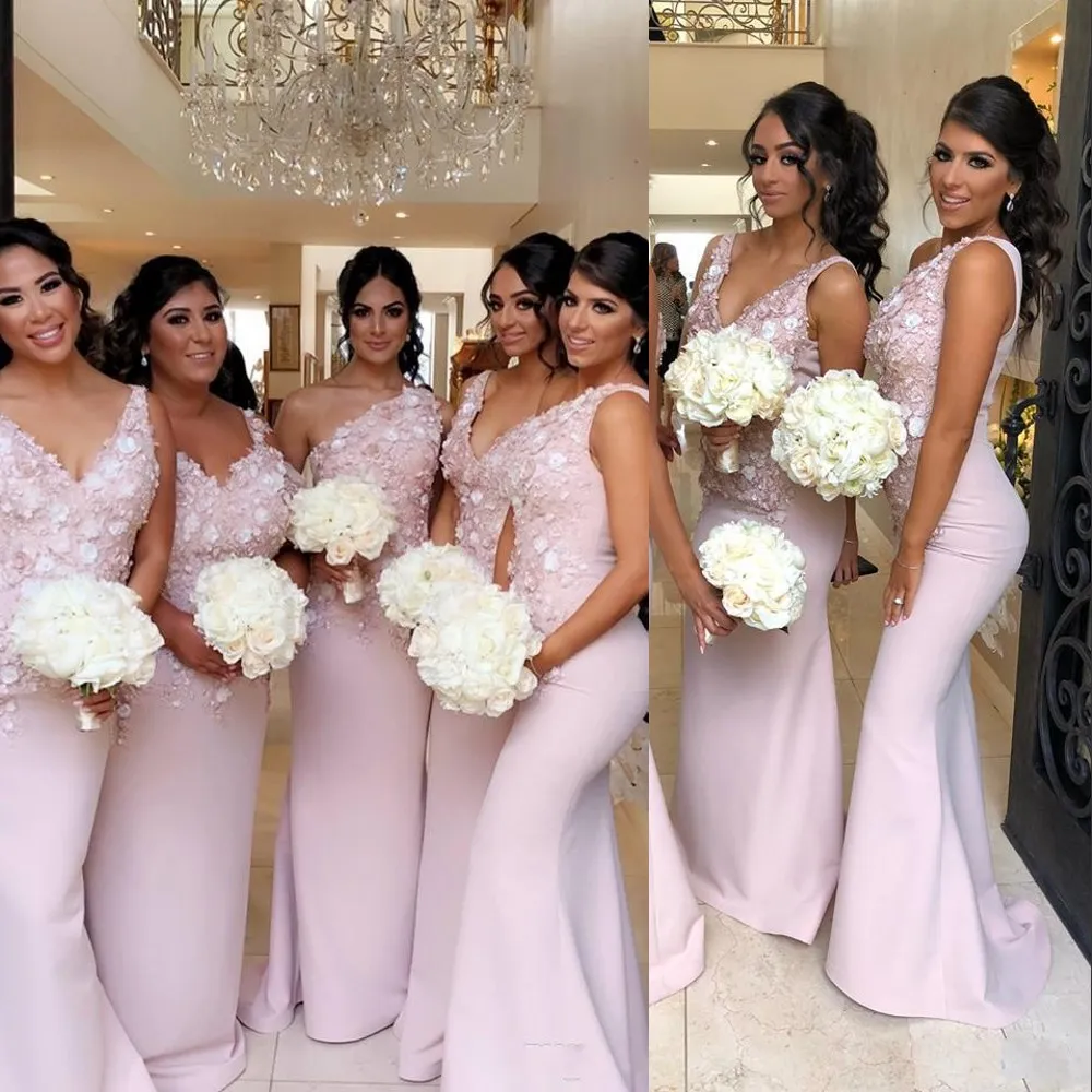 Light Pink V Neck Mermaid Pink Silk Bridesmaid Dress With 3D Flowers And One Shoulder Strap 2021 Wedding Guest Gown From Crystalxubridal 80.91 DHgate.Com