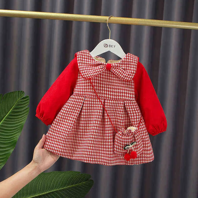 Baby Girls Grid med Velvet Dress Sweet Bowknot tar emot prinsessans klänning + väska i det nya året Kids G1129