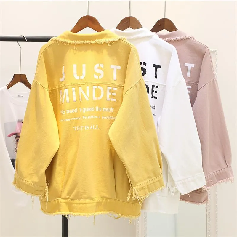 Women's Jackets 2022 Letter Print Boyfriend Jeans Jacket For Women Girl Candy Color Denim Cotton Lady Coat Loose Hole Chaqueta Mujer