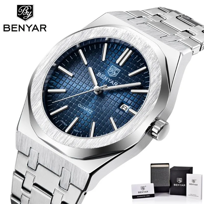 Relogio Masculino Benyar Men Watch Auto Date Vattentät Blå Ansikte Rostfritt Stål Kvarts Klockor Mens Lyxig Business Man Klocka Armbandsur