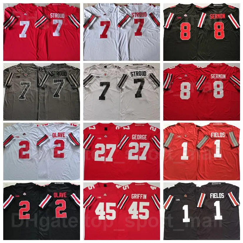 オハイオステートバッキーズカレッジフットボール7 CJ Stroud Jersey 2クリス・オルヴェ8 Trey Sermon 1 Justin Fields 27 Eddie George 45 Archie Griffin University Red Black White Grey