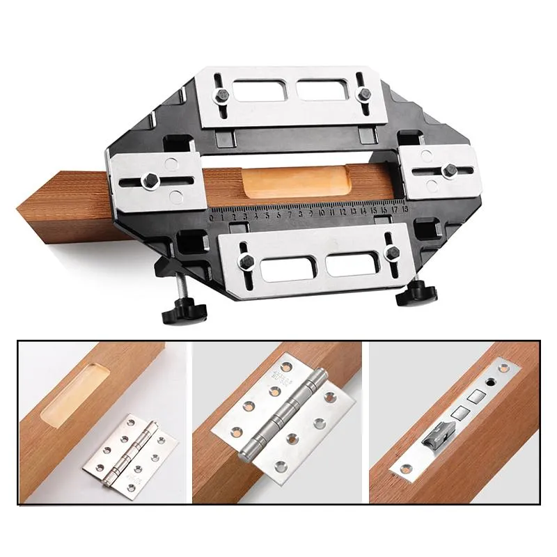 Set di utensili manuali professionali Posizionatore di fori per cerniere in alluminio Localizzatore di scanalature per la lavorazione del legno con supporto per jig di apertura della piastra di guida della serratura della punta del router