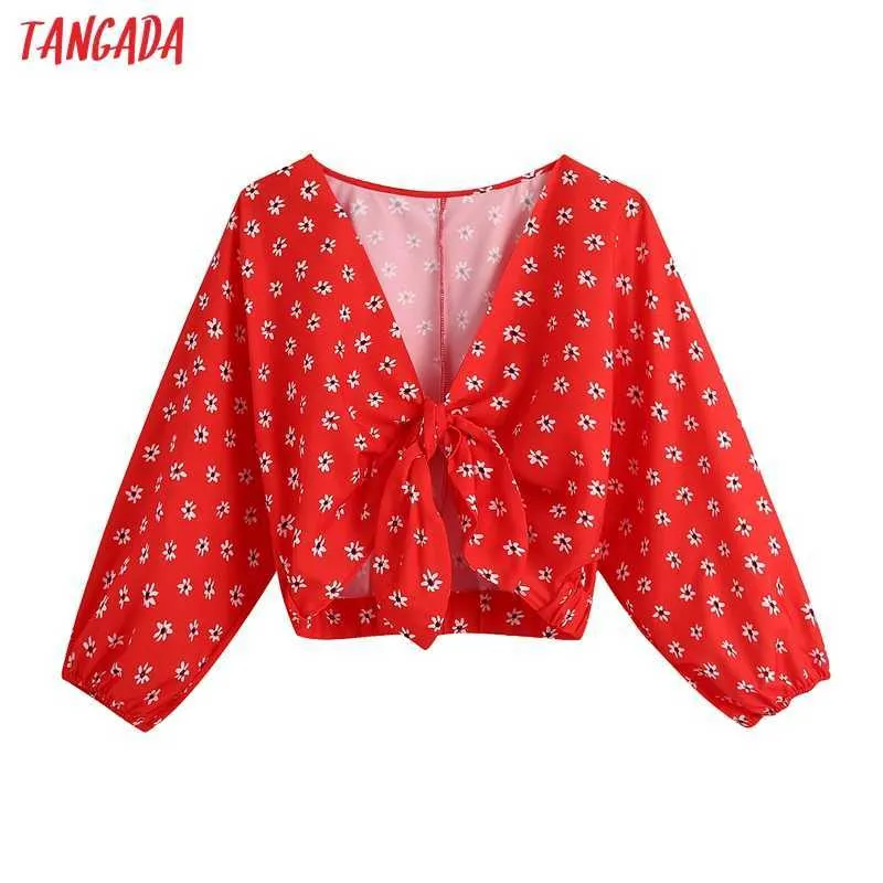 Tangada vrouwen mode rode bloemenprint gewas blouses vintage bladerdeeg mouw elastische trims vrouwelijke shirts chique tops be934 210609