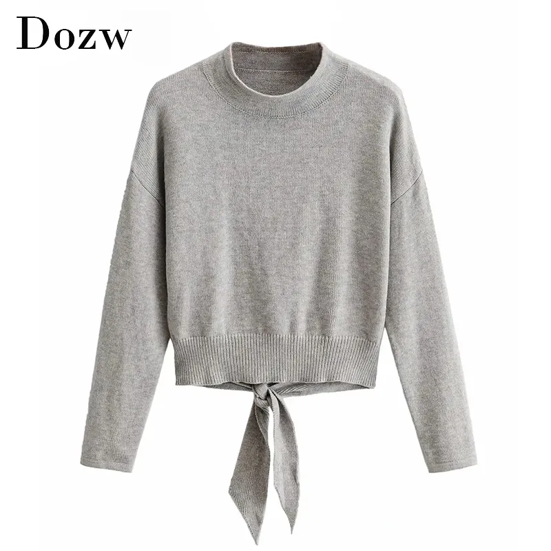 Femmes Casual O Cou Gris Pull Mode Retour Creux Out Tie Up Top Batwing Pull À Manches Longues Dames Jumpers 210414