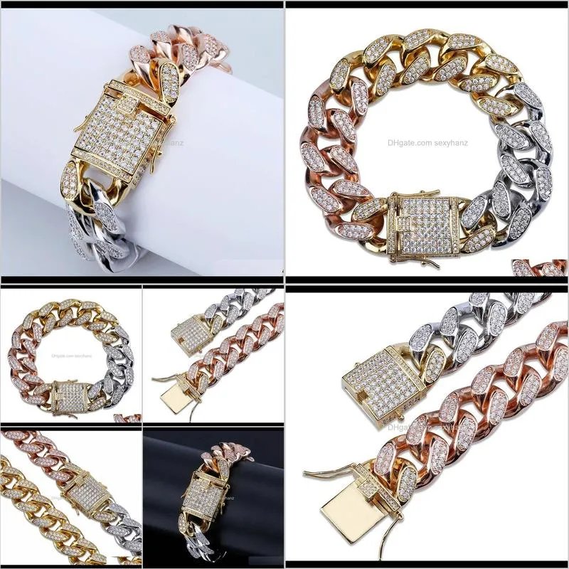 full of zircon jewelry buckled cuban chain bracelet 14mm man plating three color gold bracelet