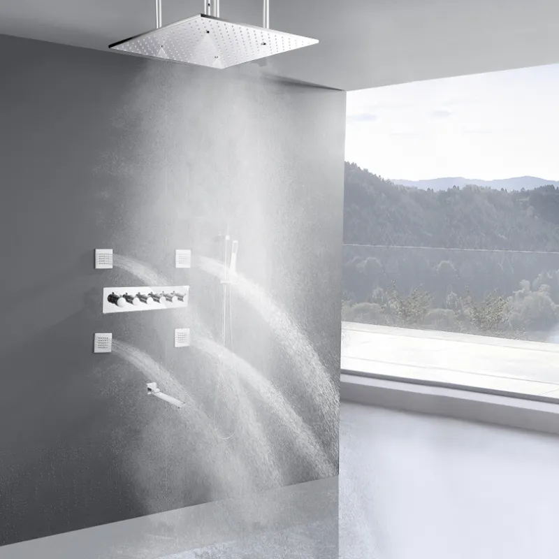 Mezclador de ducha de temperatura pulido cromado 50X50 CM LED baño lluvia atomizador ducha ajustable soporte de cabezal de ducha