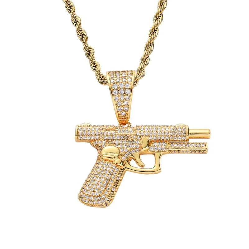 Hänge Halsband Hip Hop Zirkon Sten Stenlagd Bling Iced Out Automatisk Pistol Gun Hängen Halsband För Män Rapper Smycken Guld Silver Co