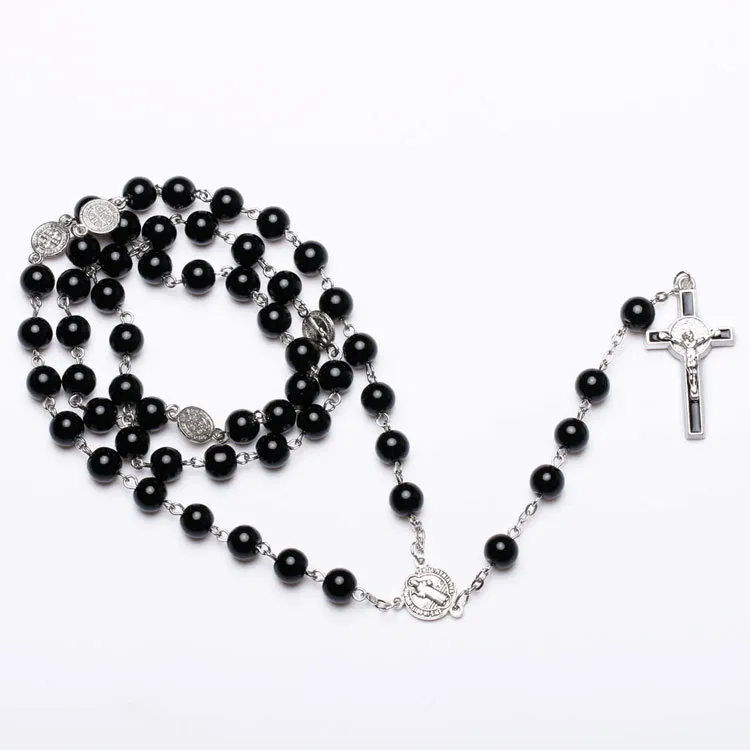 Black Beads Necklace For Women Men Cross Long Pendant Necklaces Praying Religious Jewelry Church Gifts