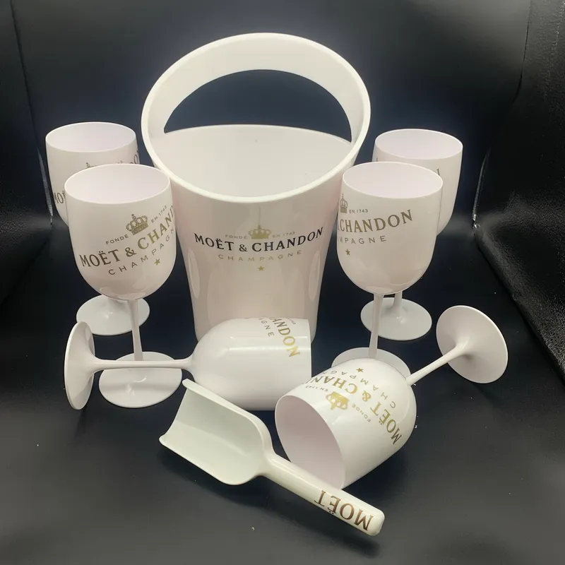 6 Glass 1 Ice Bucket 1Scoop Champagne Flutes Party Plastic Cups Cocktail Cup White Cabinet Akryl Vinglasskylare2892