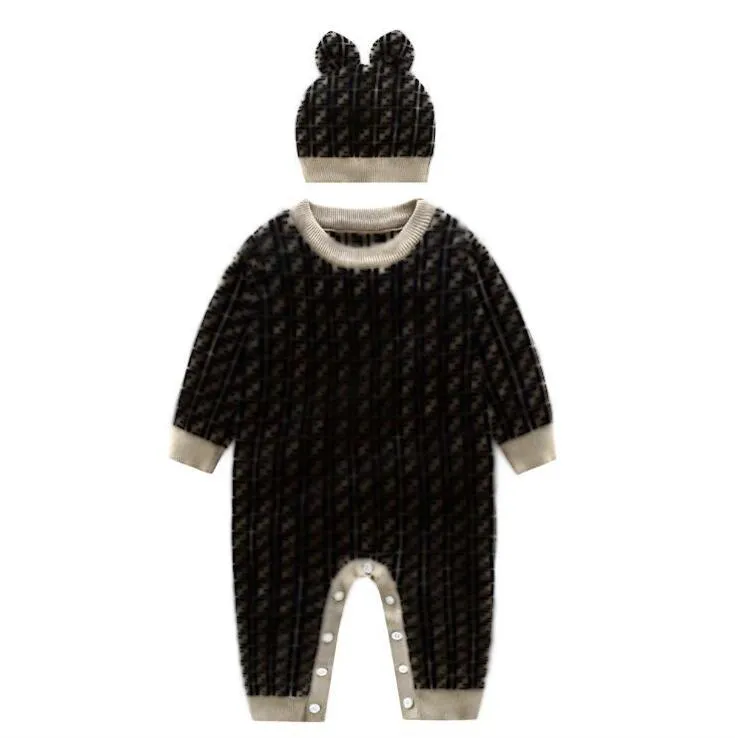 Baby jongens meisjes merk rompertjes letters f baby lange mouw jumpsuits met hoeden herfst winter peuter Houd warme gebreide onesies