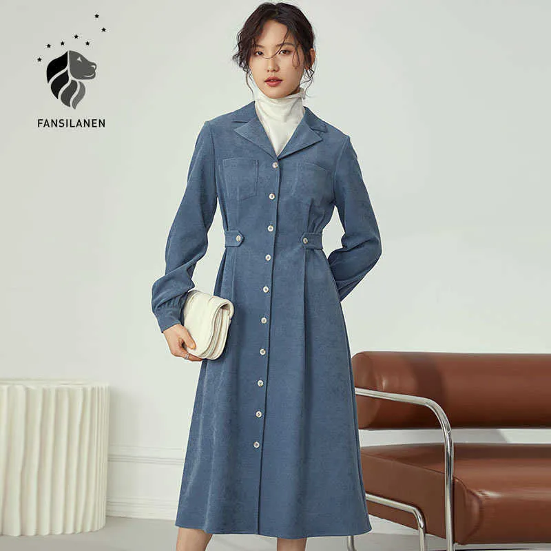 FANSILANEN Autumn winter long vintage shirt dress Women sleeve red slim elegant Female blue casaul office 210607