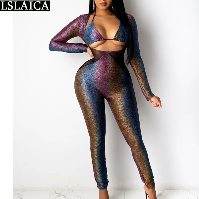 Trajes de cuerpo para mujer Cremallera delgada Sexy Malla Costura Mono Night Club Manga larga Colorido Abbigliamento Donna 210520