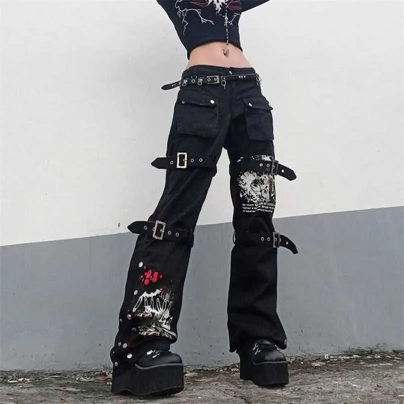 Estilo punk impresso jeans low-arranhão mulheres gótico moda macacão com bolso fivela retro denim calças y2k 211129