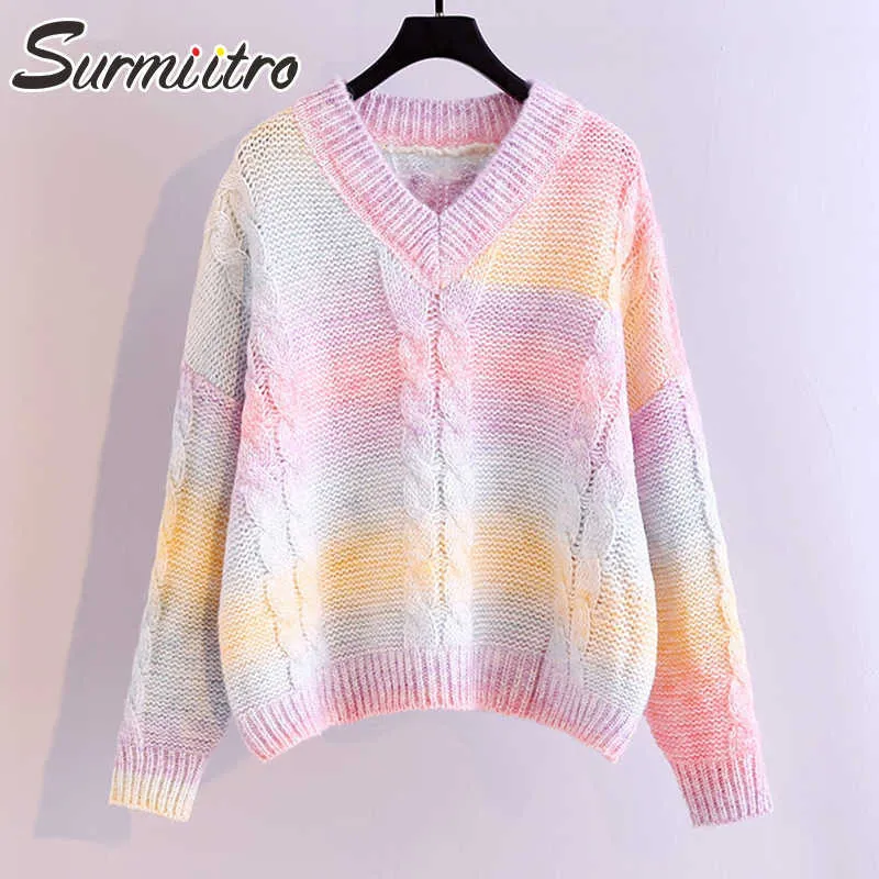 Surmiitro Stickad tröja Kvinnor Höst Vinter Koreansk Rainbow Gradient Långärmad Jumper Pullover Kvinna Lös Stickat 210712