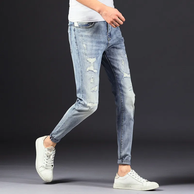 Knee Hole Biker Jean Men Skinny Distressed Ripped Washed Slim Fit Streetwear Denim Pant Stretch Fashion Cowboy Trouser Man 210518