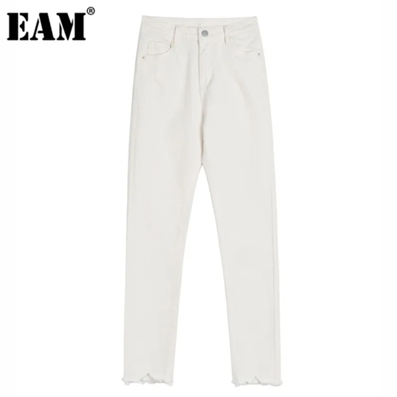 [EAM] Blue Elegant Burrs Denim White High Waist Trousers New Loose Fit Pants Women Fashion Tide Spring Autumn 2021 1DD5094 Q0801