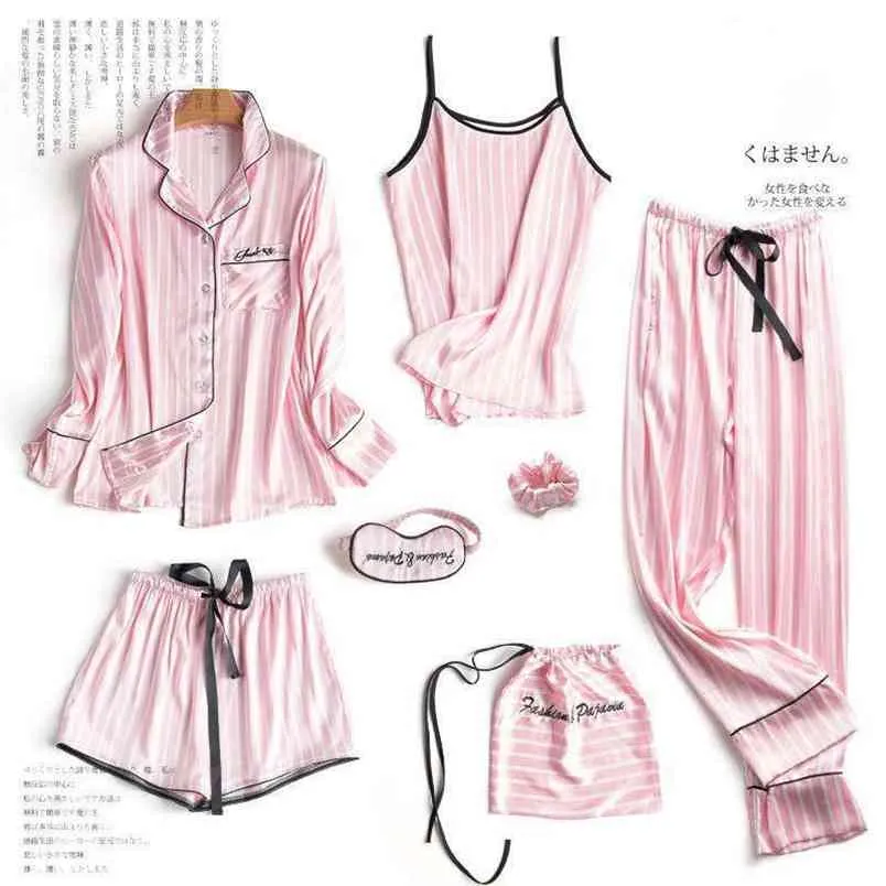 Canção de julho rosa 7 peças pijamas femininos conjuntos Faux Silk Listrado Pijama Sleepwear Primavera Verão Homewear 210830