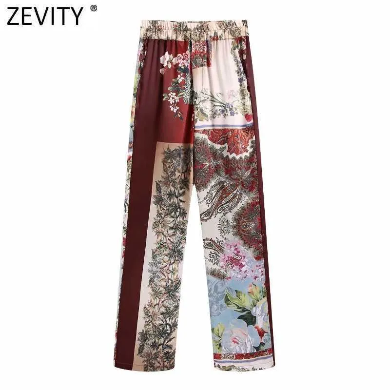 Zevidade Mulheres Vintage Pano Patchwork Totem Impressão Striaght Calças Feminino Chique Retro Elástica Cintura Calças Pantalones Mujer P1146 Q0801