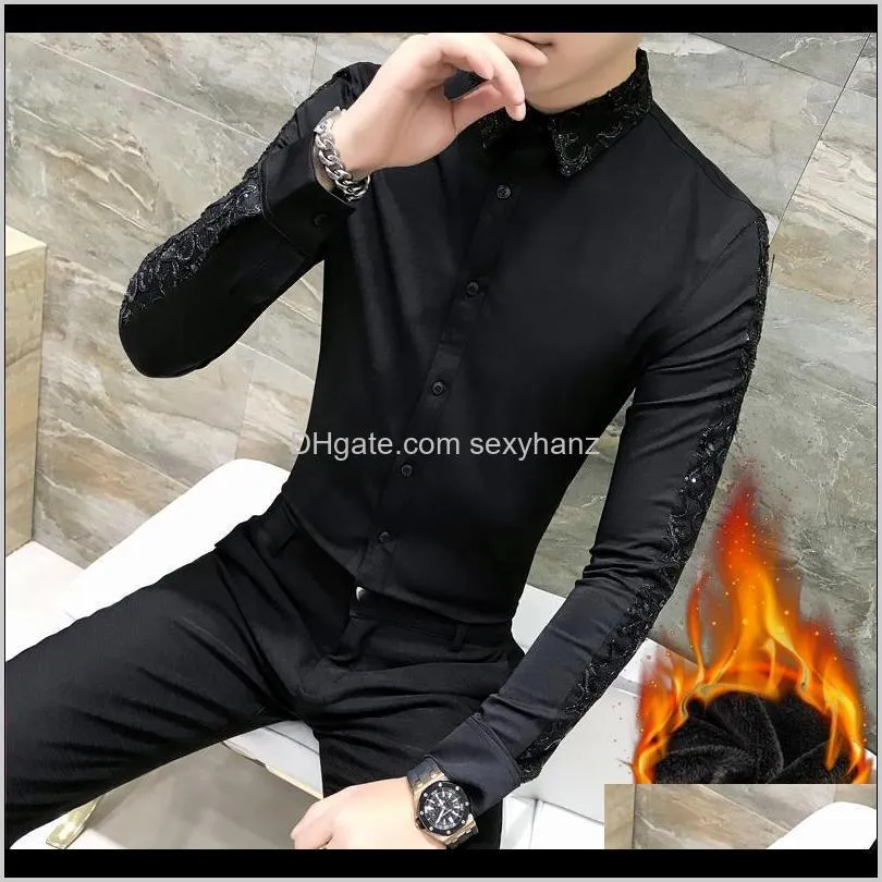 autumn and winter plus velvet keep warm men`s shirt business casual print mens shirt slim long sleeve men`s dress shirts1