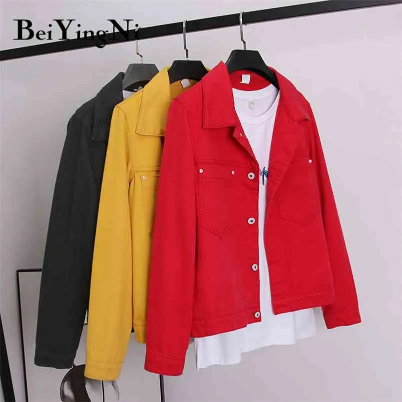 Jaqueta feminina outono inverno jean jaquetas amarelo preto vermelho denim casacos high street mais coreano outwear elegante bf 210506