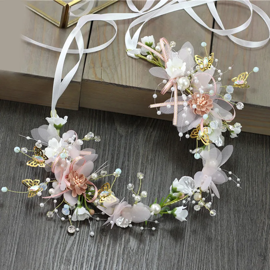 Couronnes florales pour filles fleurs de conte de fées diadème de mariée coiffes perles ruban perlé bandeau accessoires de cheveux de fête de mariage Wo1951