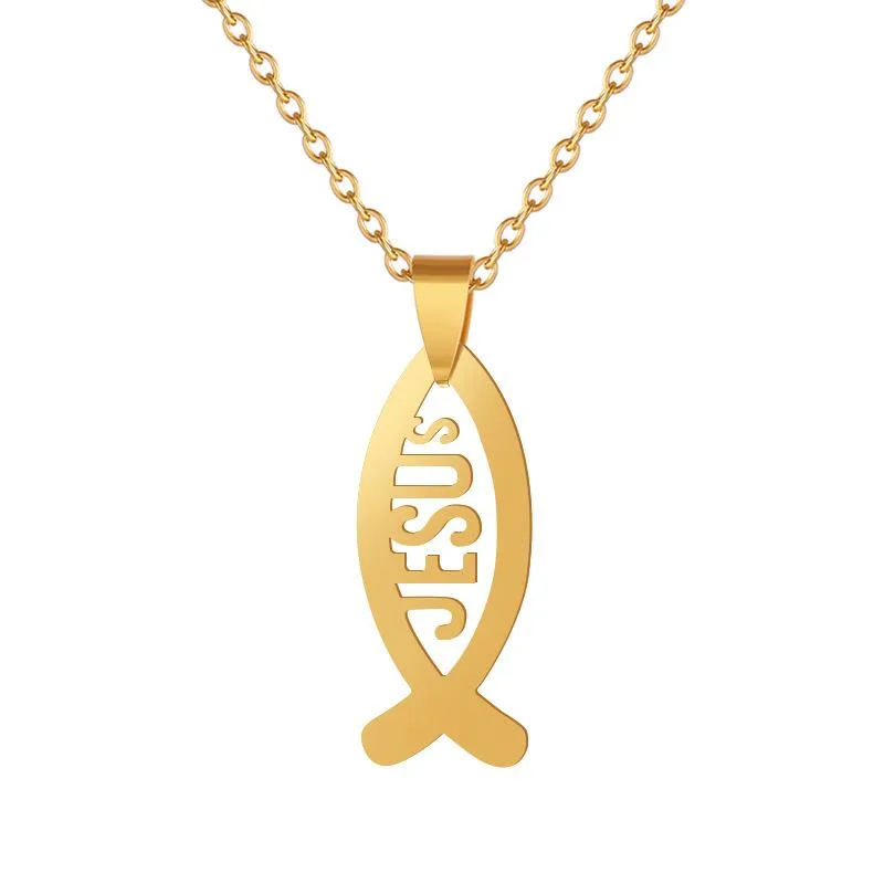 Pendant Necklaces Fashion Female Jesus Fish Drop Gold Color Stainless Steel Christian Jewelry For Men/Women Wholesale