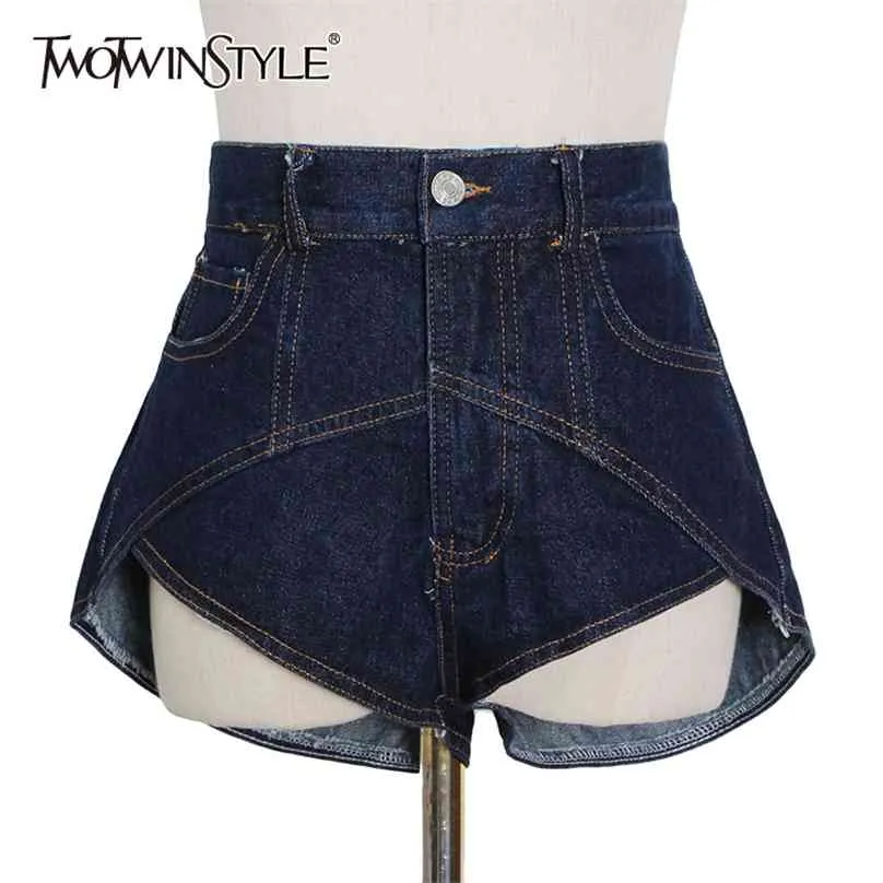 Twotwinstyle oregelbunden smal denim kort för kvinnor hög midja sexig casual shorts kvinnlig mode kläder sommarstil 210719