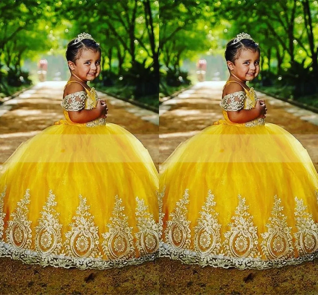 Yellow Embroidered Mini Ball Gold Ball Gown for Little Toddlers - 2022 Quinceanera Dress with Off-Shoulder Sleeves, Perfect for Pageants, Graduations,