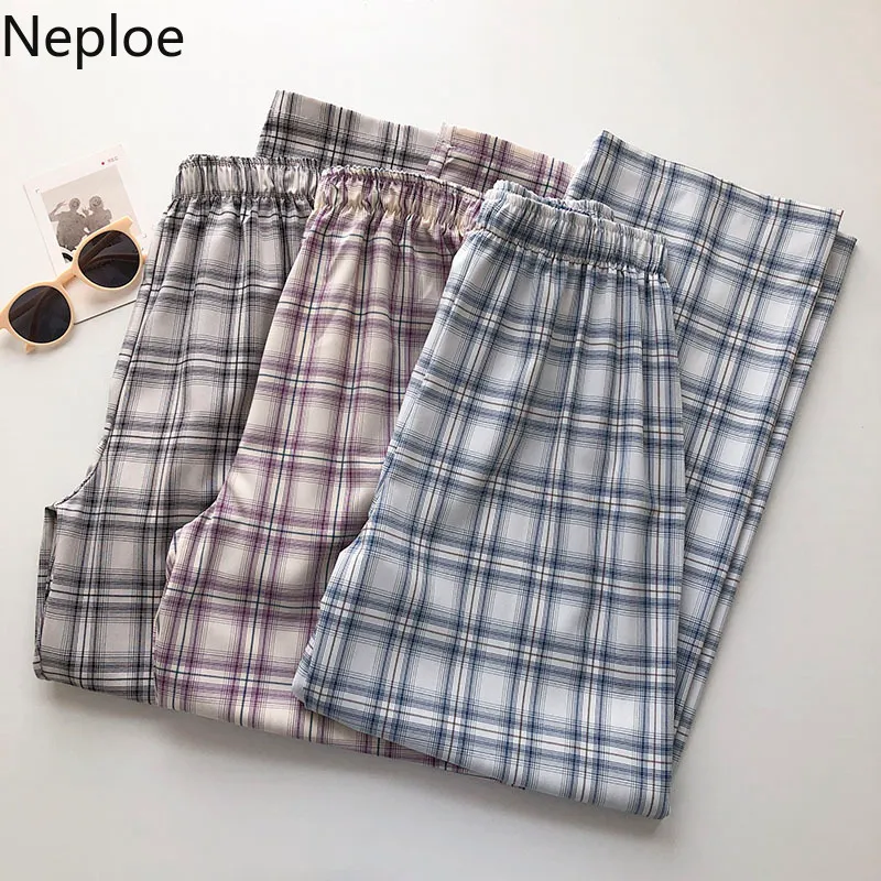 NEPLOE Plaid Casual Spodnie dresowe Kobiety Lato Elastyczna Wysoka Talia Luźna Szeroka Noga Spodnie Femme Koreański Harajuku Moda Spodnie 4i306 210422