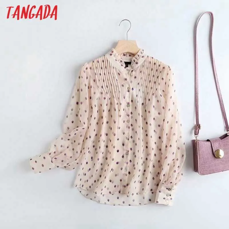 Tangada 여성 Pleated Print Chiffion Shirt 고품질 블라우스 긴 소매 세련된 여성 캐주얼 느슨한 탑 4C32 210609