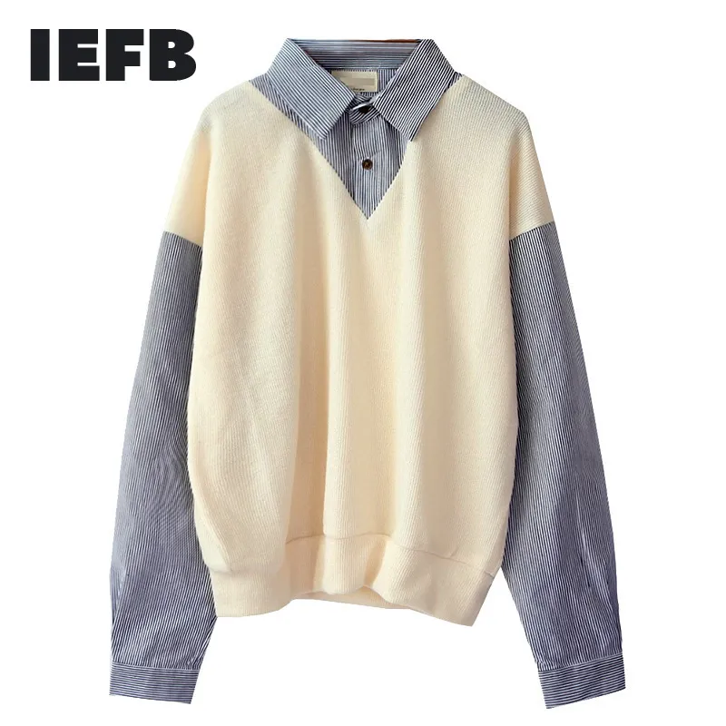 IEFB / Vêtements pour hommes Faux Deux Pièces Chemises Mâle Printemps Couleur Bloc Coréen Mode Pulls Tops Lâche Personnalité 9Y1056 210524