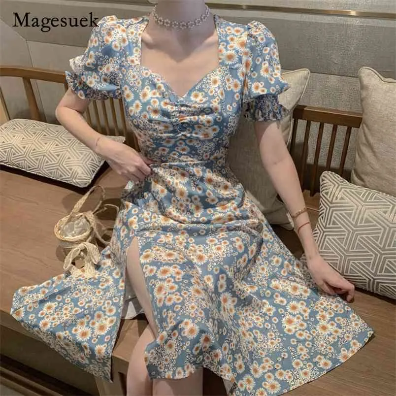 Vintage Floral Dress Kvinnor Sommar Kläder Puff Sleeve Split Chiffon Kvinna Robe Femme Loose Korean Print ES 14555 210512