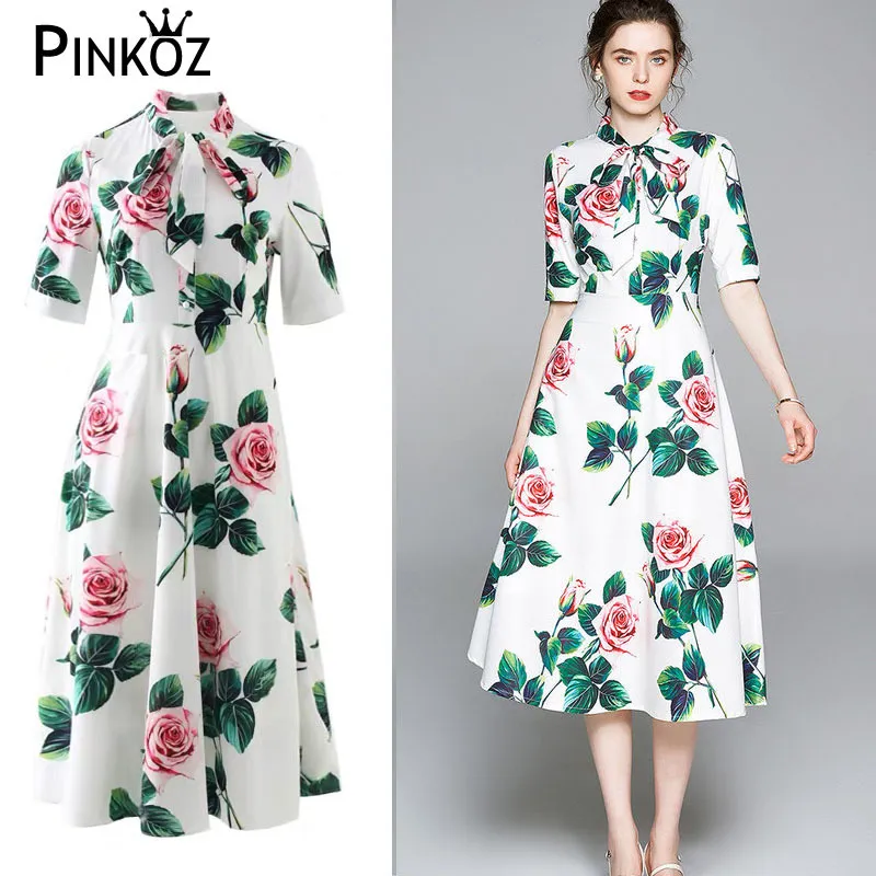 Vintage Elegant Rose Flower Print Bow Collar Plus Size Dress Women Work Party Dresses A-Line Chic Daily Wear Boho Mujer 210421