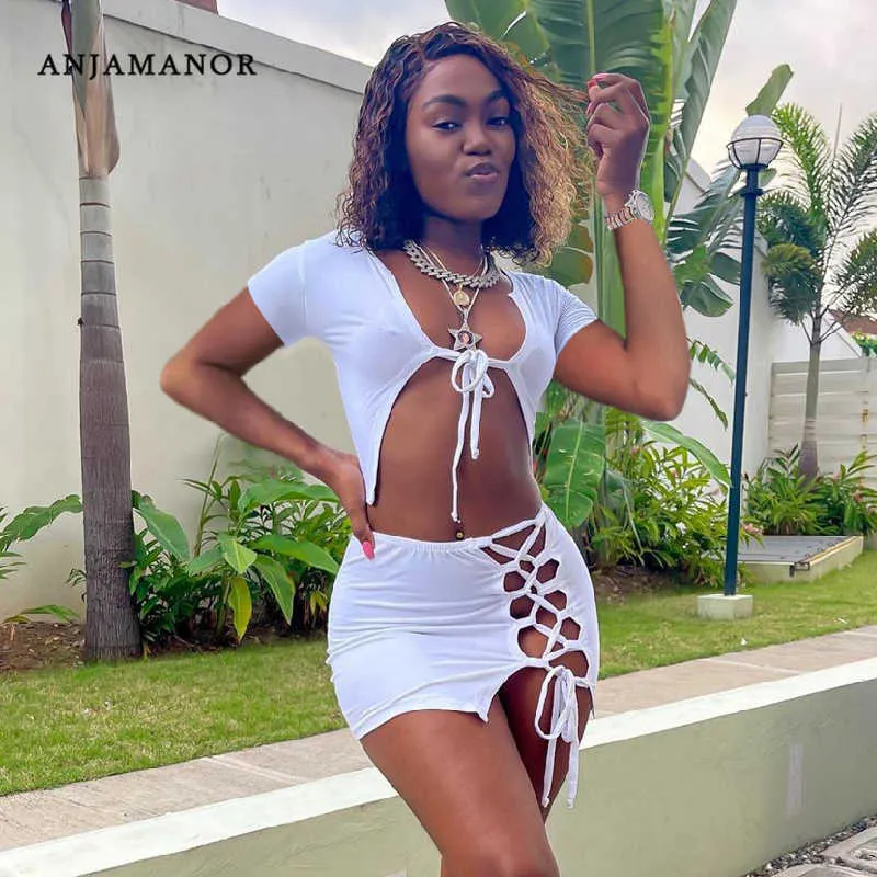 ANJAMANOR Two Piece Set Tie Up Crop Top Mini Skirts Sexy Outfits for Woman 2021 Clubwear White Beach DrSuits D60-CA19 X0709