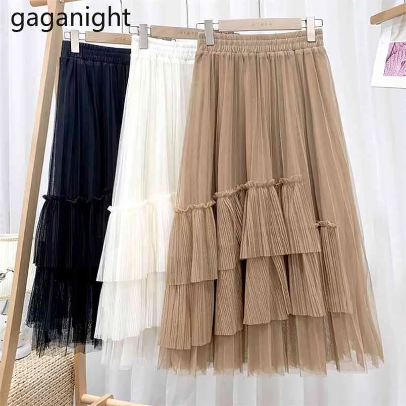 Spring Women Mesh Skirt Solid High Waist A-Line Oregelbundet Dubbelskikt Mode Lång Faldas Drop 210601