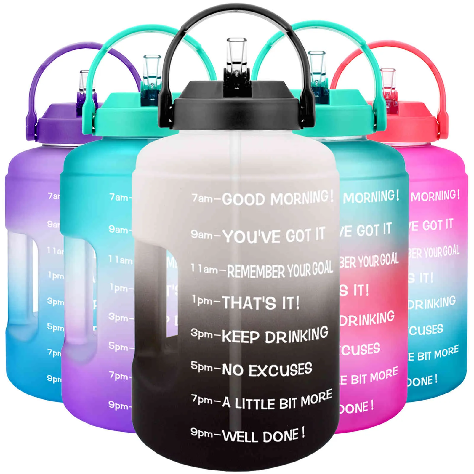 Quifit 2.5l 3.78l Plast Wide Mouth Gallon Vattenflaskor med halm BPA Gratis Sport Fitness Turism Gym Travel Jugs Telefonstativ