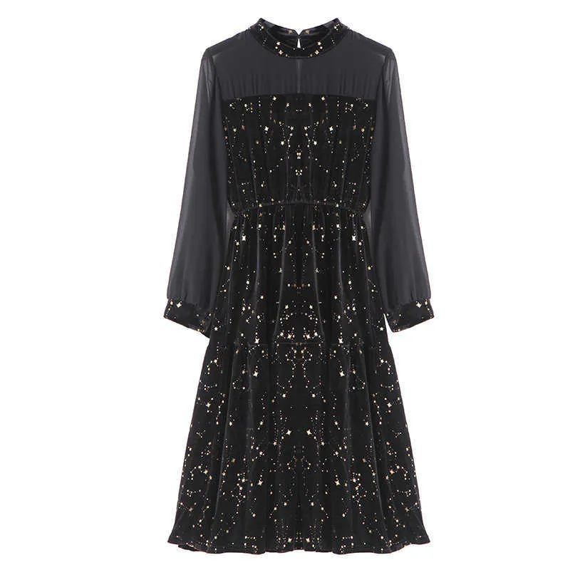 PERHAPS U Black Stand Neck Long Sleeve Autumn Velvet White Gold Star Print Mesh Maxi Long Dress D0763 210529